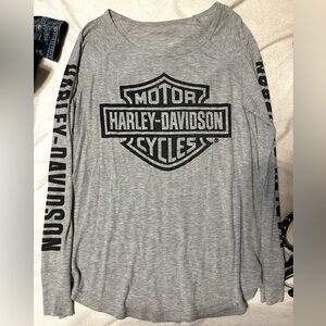 Harley-Davidson Gray Long Sleeve Shield Logo Tee with Black Sleeve Script